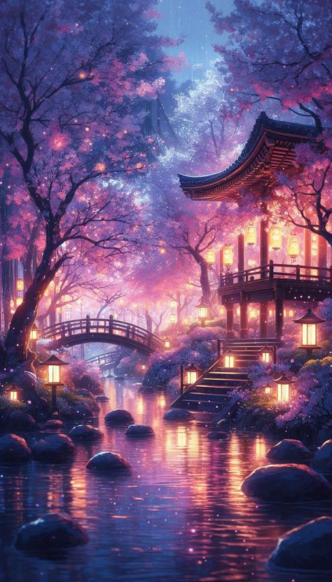 Find serenity in this breathtaking 4K anime garden, where cherry blossoms fall gently under the twinkle of lanterns #AnimeGarden #CherryBlossoms #JapanaAnimeStylieSky #AnimeInspiration#Wallpaper #NatureEscape #RelaxingEnvironment #GamingBackgrounds Demon Slayer Scenery Background, Demon Slayer Scenery, Anime Garden, Glamorous Wallpaper, Art Pictures Ideas, Anime Purple Hair, Clip Art Frames Borders, Blossom Wallpaper, Cherry Blossom Wallpaper