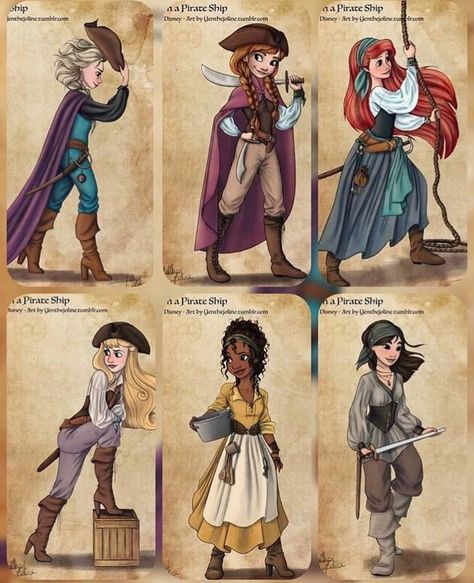 Disney Princess Steampunk, Disney Princess Pirate Cosplay, Pirate Princess Character Design, Modern Cartoon Characters, Dnd Disney Princess, Historical Disney Princess, Pirate Princess Dress, Pirate X Princess, Disney Princess Redesign