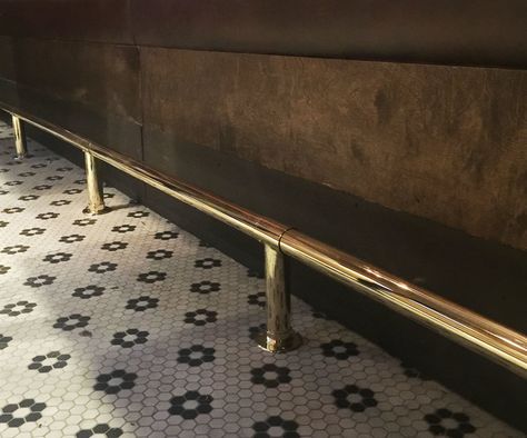 Floor-mounted Polished Brass Foot Rail Kitchen Island Brass Footrail, Brass Bar Foot Rail, Brass Foot Rail Kitchen Island, Bar Foot Rail Ideas, Brass Foot Rail, Drink Rail, Bar Railing, Bar Foot Rail, Walnut Island