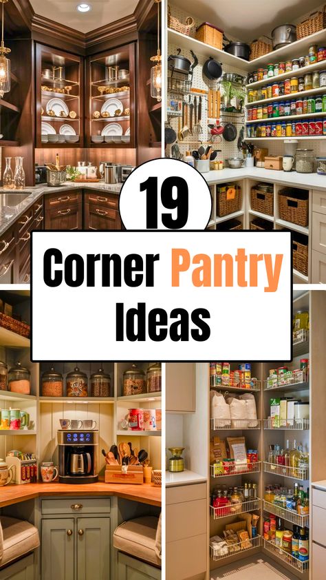 19 Corner Pantry Ideas – The DIY Desire Small Corner Pantry Organization Ideas, Kitchen Corner Storage Ideas, Odd Shaped Pantry, Kitchen Corner Pantry Ideas, Small Corner Pantry Ideas, Corner Pantry Shelving Ideas, Corner Hutch Decor, Corner Built In Shelves, Corner Kitchen Pantry Cabinet