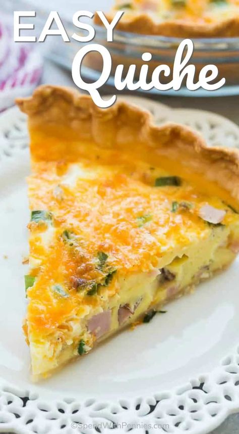 This Easy Quiche Recipe starts with a premade pie crust but no one has to know! It's loaded with ham, cheese and green onions and is the perfect easy breakfast or dinner! #spendwithpennies #quicherecipe #simpleeggs #simplebreakfast #brunchideas #quickrecipes #healthybreakfast #foracrowd Quiche Recipes No Cream, Brocolli Quiche Recipes, Quiche Recipes Homemade Crust, Quiche Recipes Cheese, Ham Quiche Recipes Easy, Quiche Recipes Breakfast, Ham And Cheese Quiche Easy, Easy Pie Recipes With Premade Crust, Quiche Breakfast Recipes