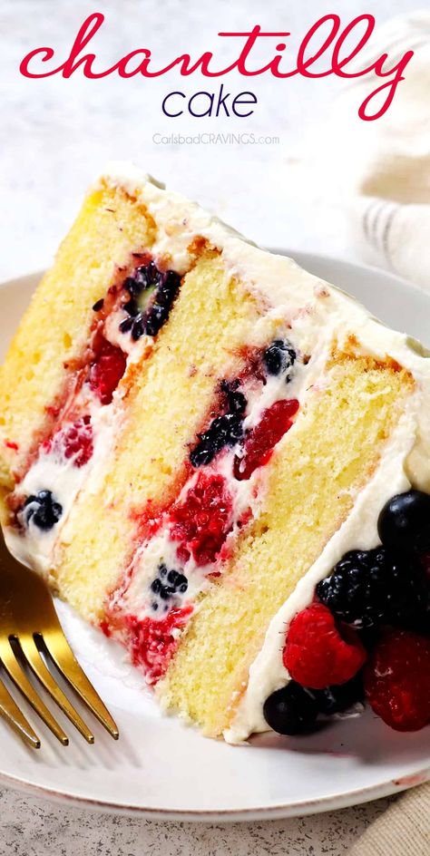 Chantilly Cake Recipe, Berry Chantilly Cake, Chantilly Cake, Carlsbad Cravings, Chantilly Cream, Berry Dessert, Berry Cake, Spring Desserts, Raspberry Cake