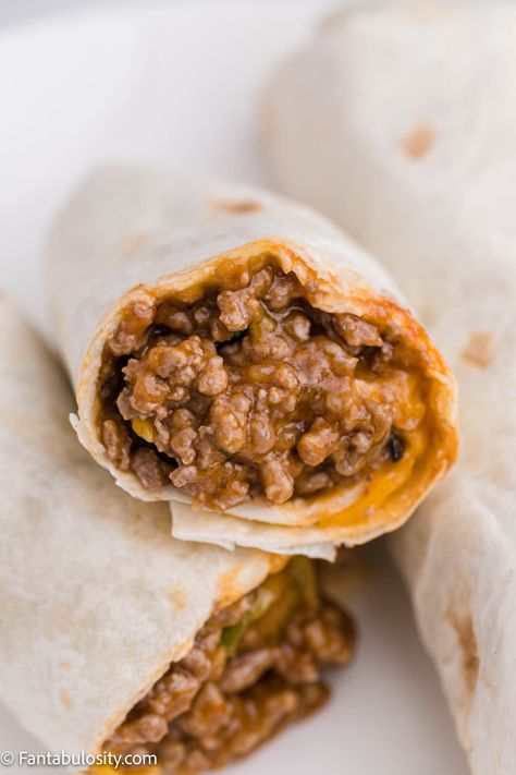 Best Beef Bean And Cheese Burritos, Best Burrito Recipe Beef, How To Make Beef Burritos, Freezer Beef Burritos, Easy Burrito Recipe Beef, Cheesy Beef And Bean Burritos, Cheesy Beef Burrito Wrap, Hamburger Meat Burrito Recipes, Cheesy Beefy Burritos