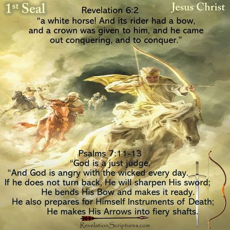 1st Seal Jesus Christ with a Bow & Crown Conquering - Book of Revelation Revelation Prophecy, Revelation Bible Study, Revelation 6, Revelation 19, Study Topics, Four Horses, Revelation Bible, The Torah, Bible Study Topics