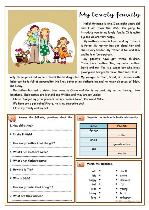 Esl Reading, Family Worksheet, Comprehension Exercises, Simple Present, English Exercises, Family Reading, Lovely Family, Reading Comprehension Activities, English Classroom