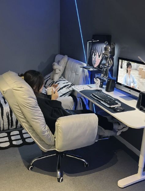 Chill room and desktop Small Room Gaming Setup, Room Gaming Setup, Room Gaming, Bilik Idaman, Hiasan Bilik, Bedroom Setup, Room Redesign, Study Room Decor, Gaming Room Setup