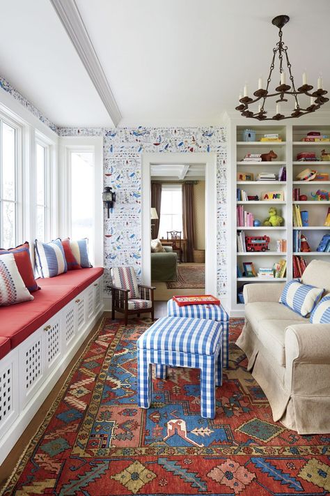 Fine-Tune the Details Colorful Rooms, Blue And White Home, Colorful Playroom, Mixing Patterns, Daycare Ideas, Woman Cave, Beautiful Rooms, Brick Flooring, Perfect House