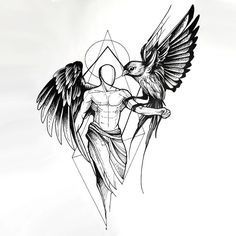 An amazing tattoo sketch of an angel with a raven sitting on his hand. Style: Sketch. Color: Black. Tags: Best, Amazing Bird Tattoo Design, Tato Salib, Tato Suku, Vogel Tattoo, Sketch Style Tattoos, Kunst Tattoos, Tato Lengan, Owl Tattoo Design, Angel Tattoo Designs