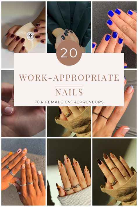 Work appropriate and professional nails for everyday use. Going to a Job doesn't mean you have to sacrifice on basic and plain nails. Find a matching Work Style with your nails and you are done. Take a look at these 20 inspirations of nails suitable for work. Professional Cute Nails, Nail Design Professional, Cute But Professional Nails, Short Nails For Working Women, Professional Nail Inspiration, Nail Ideas For Business Women, Professional Nail Polish Colors, Nail Color For Work Professional, Professional Looking Nails Business