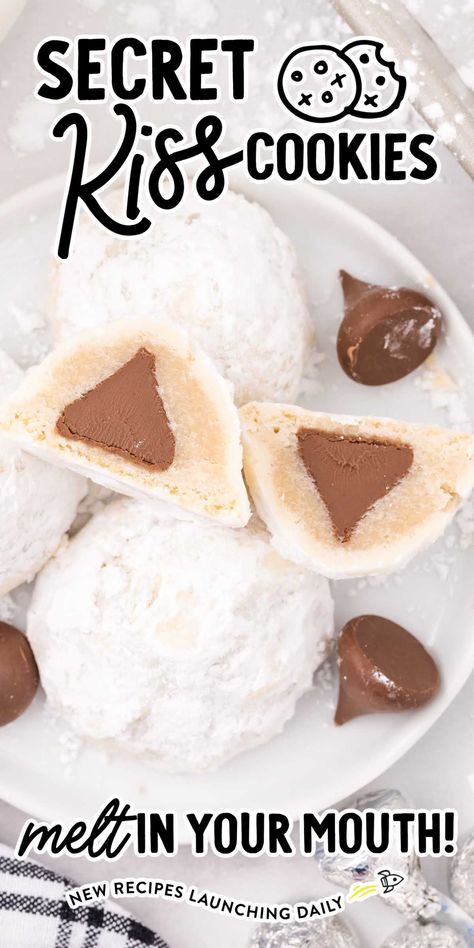 Snowball Kisses Cookies Recipe, Secret Kiss Cookie Recipe, Snowball Kiss Cookies, Chocolate Kisses Cookies, Hidden Kiss Cookies, Kisses Cookies Recipe, Secret Kiss Cookies, Christmas Cookies Recipes Easy, Kiss Cookie