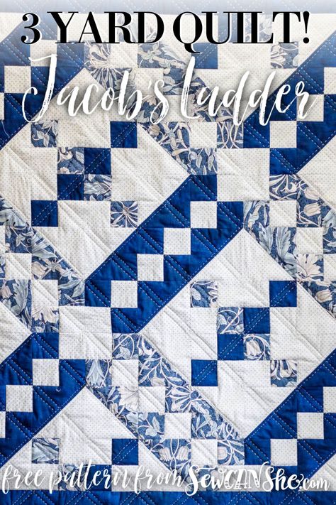 Free 3 Yard Quilt Pattern: Jacob's Ladder : SewCanShe Free Sewing Patterns for Beginners Ladder Quilt Pattern, 3 Yard Quilt Patterns, Blue Quilt Patterns, Amish Quilt Patterns, Quilt Blocks Easy, Sewing Quilts, Blue Quilt, Quilting Designs Patterns, Quick Quilt