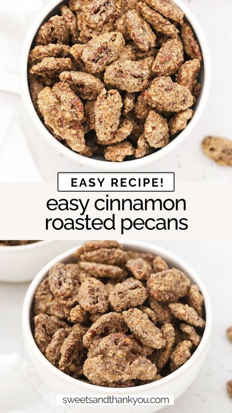 Our old-fashioned cinnamon roasted pecans recipe is so easy to make! You only need 6 ingredients and a few minutes to get started! homemade cinnamon pecans / cinnamon sugar pecans recipe / cinnamon sugar candied pecans / roasted cinnamon pecans / cinnamon sugar roasted pecans / Sugar Roasted Pecans, Cinnamon Roasted Pecans, Pecans Roasted, Roasted Pecans Recipe, Gluten Free Desserts Thanksgiving, Cinnamon Sugar Pecans, Sugar Pecans, Glazed Pecans, Sugared Pecans