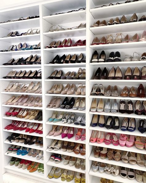 NEAT Method ® on Instagram: “Day 8 • Shoes. Shoe organization is all about shelving. If your closet doesn’t look like this 🙋🏼‍♀️, and space is tight, it might be time…” High Heels Closet Storage, High Heel Closet Organization, Book Shelf Shoe Storage Ideas, High Heel Storage Ideas, Heels Organization Ideas, Heels Storage Ideas, Clothes Collection Closet, Closet Shoe Wall, Shoes Wardrobe Storage Ideas