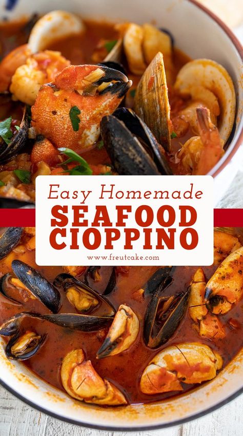 Seafood Cioppino Recipe Fish Stew Recipes Seafood, Cioppino Recipe Easy, Easy Cioppino, Italian Fish Stew, Italian Seafood Stew, Seafood Cioppino, Cioppino Recipe, Bisque Soup Recipes, Seafood Stew Recipes