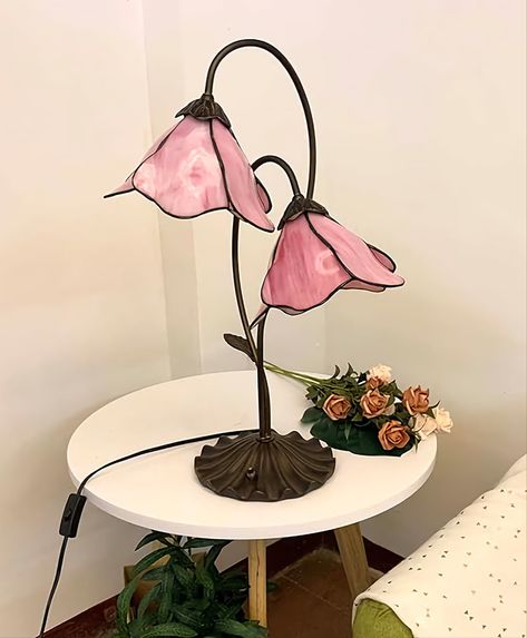 Grunge Decor, Flower Led, Stained Glass Table, Table Rose, Lamp Pink, Stained Glass Table Lamps, Bed Light, Pink Lamp, Pink Art Deco