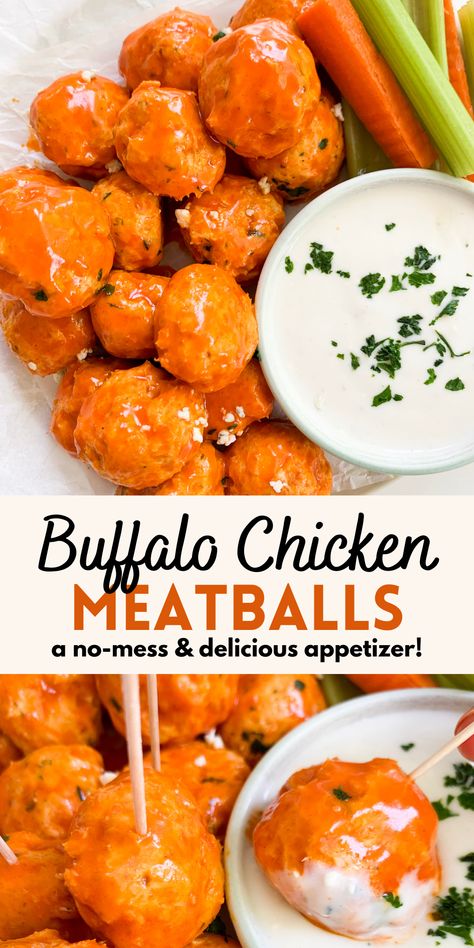 Veggie Sticks, Baked Meatballs, Buffalo Chicken Meatballs, Baked Buffalo Chicken, Chicken Meatball Recipes, Chicken Meatballs, Buffalo Sauce, Buffalo Wings, Ground Chicken