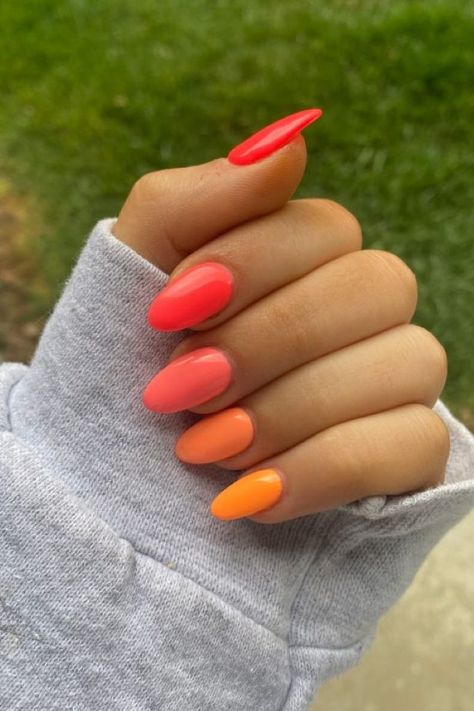 Bright Color Nails For Spring Fully Painted Nails, Orange Nails Summer Design, Different Shade Of Orange Nails, Almond Shaped Summer Nail Ideas, Colors For Nails Summer, Sunset Red Nails, Orange Multi Color Nails, Plain Nails Aesthetic, Bright Nails Almond Shape