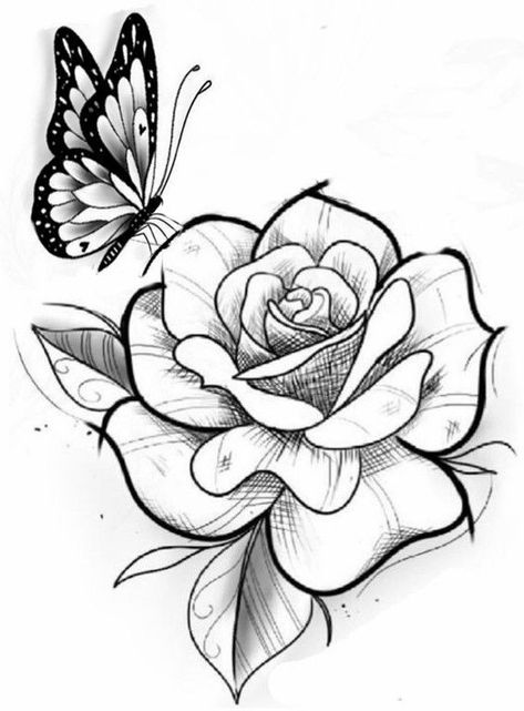 Tattoo Stencil Designs, Rose Tattoo Stencil, Rose And Butterfly Tattoo, Butterfly With Flowers Tattoo, Butterfly Tattoo Stencil, Arm Sleeve Tattoos For Women, Pencil Drawings Of Flowers, Rose Tattoos For Women, Flame Tattoos