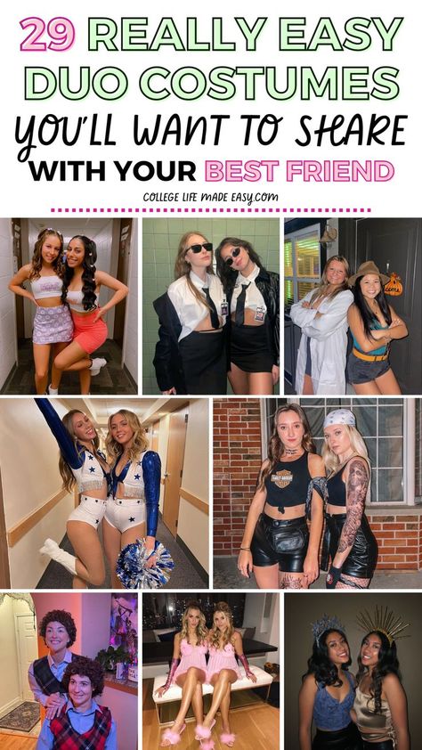 cute bff duo costume ideas for Halloween with 2 girl friends, collage of funny, easy, and hot Halloween costumes Dynamic Duo Date Party Costume Ideas, Duo Halloween Costumes Opposites, Bestie Halloween Costumes Blonde And Brunette, 2 Women Costume Ideas, Black And White Duo Halloween Costume, Alien Duo Costume, Halloween Costumes Two Brunettes, Blonde Best Friend Halloween Costumes, Funny Hollowed Costumes Duo