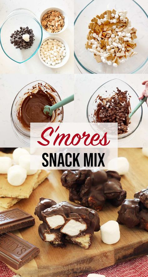 This no bake S'mores snack mix recipe makes the most delicious S'mores clusters. These S'mores bites are only 4 ingredients and only takes minutes to make. Make Fannie May S'mores snack mix at home! Smore Bites Recipe, Smores Snacks, Smores Bites, Snack Mix Recipe, Smore Recipes, Chocolate Peanut Butter Fudge, Snack Mix Recipes, Snacks To Make, Peanut Butter Fudge