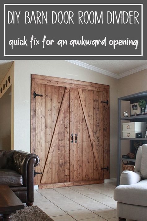 DIY Barn Door Room Divider - A great solution to any problem opening that you don't want to permanently close in. Renter friendly option as well since you can just remove a couple screws when you leave! Easier to build this than do drywall work too! #fauxbarndoor #renterfriendlydecor #barndoor #diyroomdivider via @theinspiredworkshop Barn Door Room Divider, Door Room Divider, Rental Home Decor, Doors Diy, Shiplap Wall Diy, Door Room, Door Coverings, Diy Room Divider, Room Divider Doors