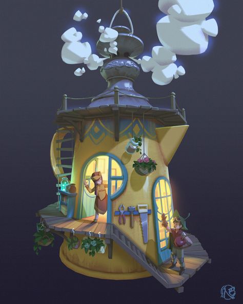 ArtStation - Teapot house, Tiziano Zhou Concept Art House, Teapot House, Cafe Concept, Fairy Home, Cartoon House, Props Art, Building Concept, House Illustration, Game Concept Art