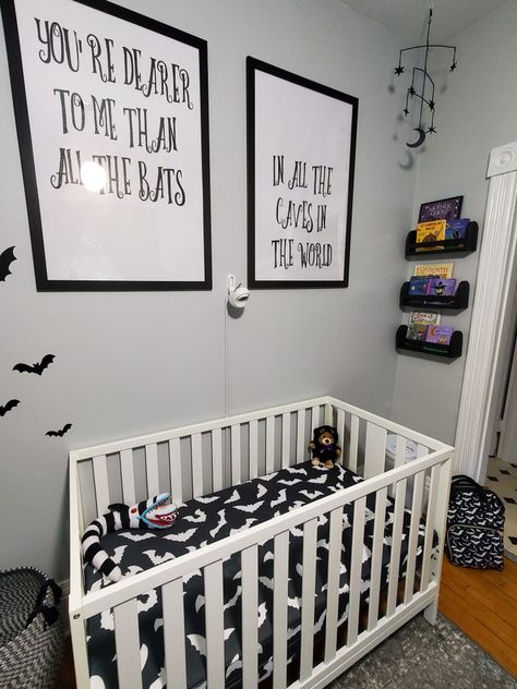 Bat baby room goth spooky nursery Spooky Nursery Theme, Adams Family Nursery, Spooky Nursery Ideas, Bat Themed Nursery, Emo Nursery, Nbc Nursery, Goth Nursery Ideas, Bat Nursery, Goth Baby Nursery