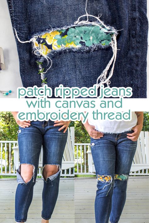 Patch Jeans Embroidery, Jeans Knee Repair, Patch Ripped Jeans Diy, Jeans Knee Patch, Upcycle Ripped Jeans, Sewing A Patch On Jeans, Repair Jeans Knee, Patching Knees In Jeans, Embroidery Ripped Jeans