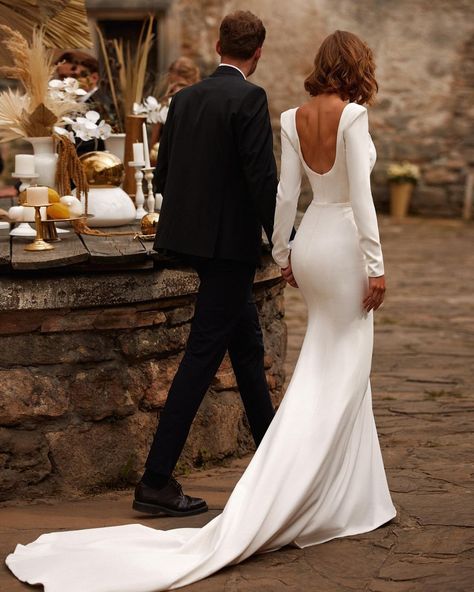 Simple Wedding Dresses For Elegant Brides ★ simple wedding dresses sheath low back with long sleeves train millanova Elegant Wedding Dress Mermaid, Casual Fall Wedding, Backless Bridal Dresses, Wedding Dress Mermaid, Satin Mermaid Wedding Dress, Backless Bridal Gowns, Long Sleeve Bridal Gown, Satin Bridal Gowns, Dresses Mermaid