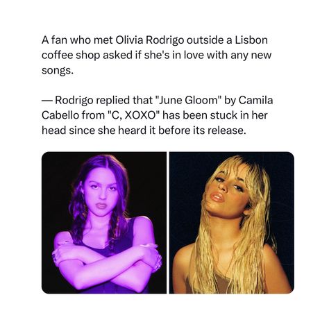 Rodrigo Times | Olivia Rodrigo states Camila Cabello’s June Gloom from C,XOXO has been stuck in her mind. #oliviarodrigo #livies #livieshq… | Instagram June Gloom, Olivia Rodrigo, News Songs, The Outsiders, Songs, Quick Saves, Instagram