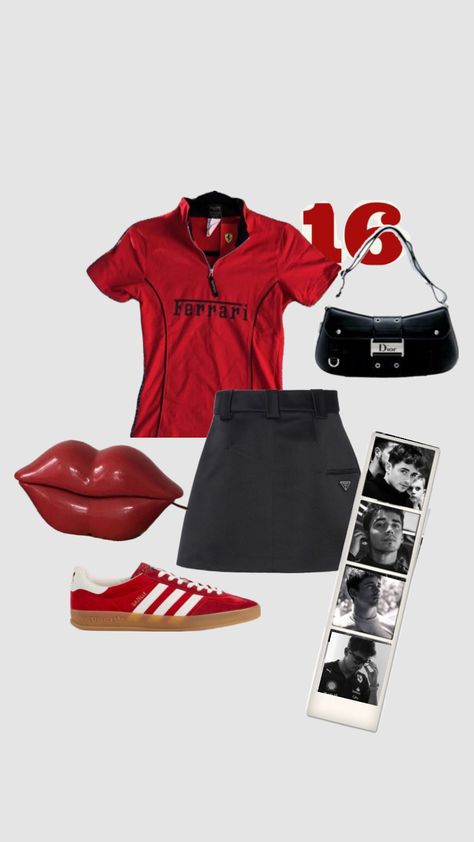 #ferrarif1 #charlesleclerc #outfitinspo #formula1 #redandblack Trendy Outfits Edgy, Race Outfit, Race Day Outfits, Trip Outfits, Trendy Summer Outfits, Football Outfits, Outfit Women, Girls Fashion Clothes, Dream Clothes