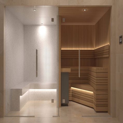 Here you will find photos of interior design ideas. Get inspired! Steam Room Interior Design, Indoor Steam Room, Bathroom With Steam Room, Small Sauna House, Sauna With Shower Indoor, Sauna House Interior, Steam Bathroom Ideas, Bathroom With Sauna Ideas, Steam Bathroom