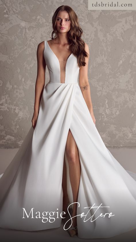 Backless A-Line Plunging Square Neckline Wedding Dress With Yarn-Dyed Fabric. Book an Appointment to Try This Dress on Today!