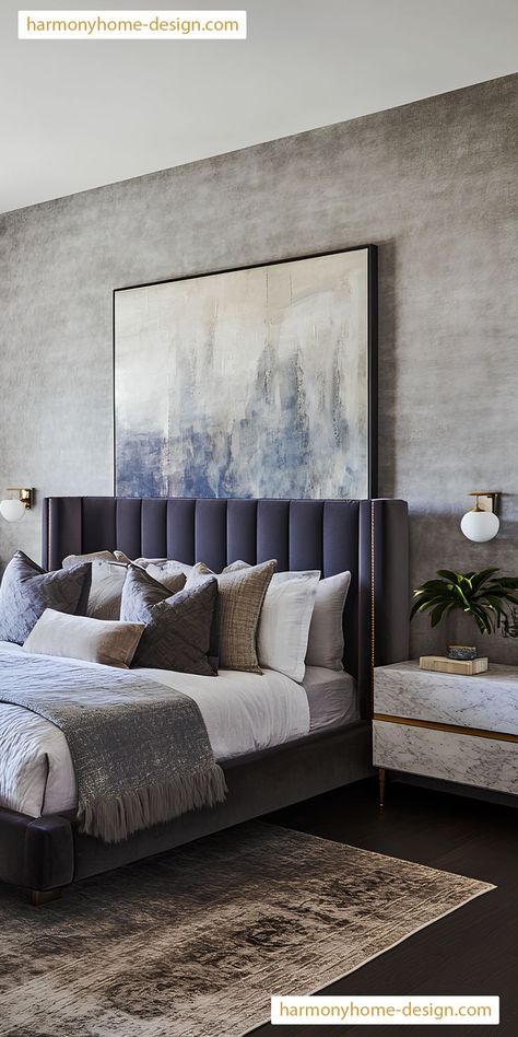 This luxurious bedroom is enhanced by the moody colors and rich velvet fabric. Moody Colors, Luxurious Bedroom, Elegant Bedroom, Soft Texture, Interior Design Bedroom, Soft Textures, Penthouse, Velvet Fabric, Contemporary House