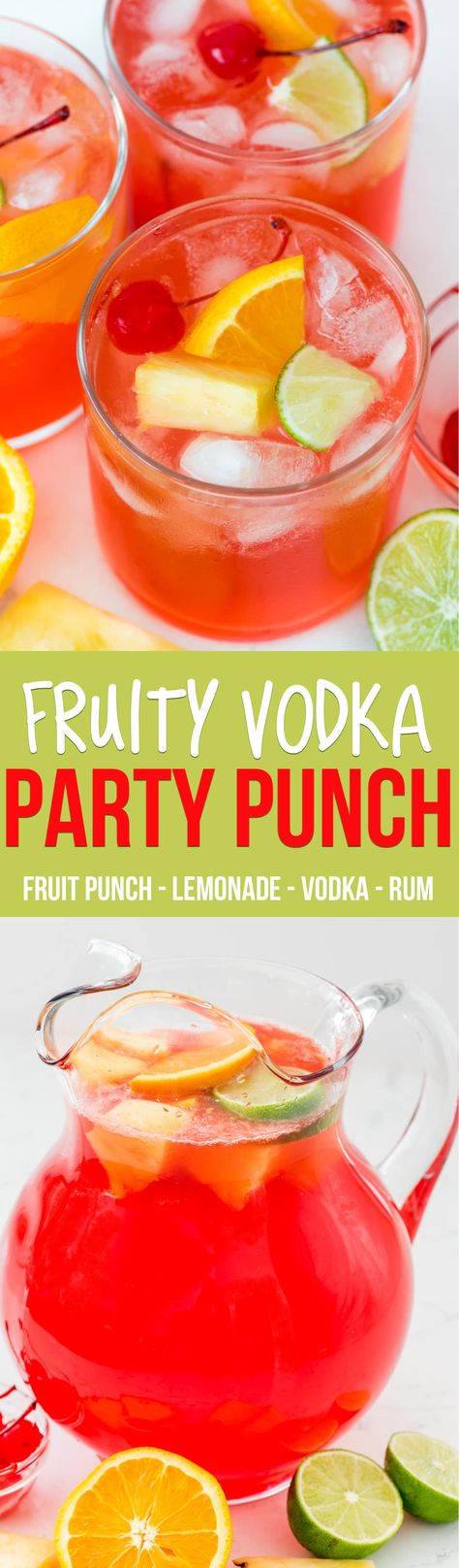 Fruity Vodka Party Punch is the perfect cocktail recipe for a party! This drink is full of lemonade and fruit punch, rum, and vodka and is the perfect easy punch recipe. via @crazyforcrust Vodka Fruit Punch, Vodka Party Punch, Easy Punch Recipe, Rum And Lemonade, Drinks Alcohol Recipes Easy, Vodka Punch, Alcoholic Punch Recipes, Easy Punch Recipes, Easy Punch