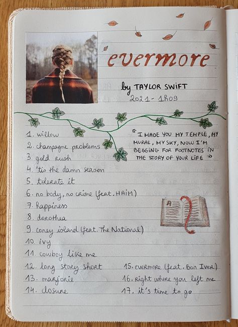 Drawing Lyrics, Taylor Swift Notebook, Evermore Taylor Swift, Taylor Swift Book, Tolerate It, Notebook Aesthetic, Taylor Swift Drawing, Champagne Problems, Music Journal