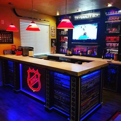 Hockey Man Cave, Basement Sports Bar, Modern Basement Bar, Mancave Bar, Sports Man Cave, Hockey Room, Home Bar Rooms, Man Cave Room, Modern Basement