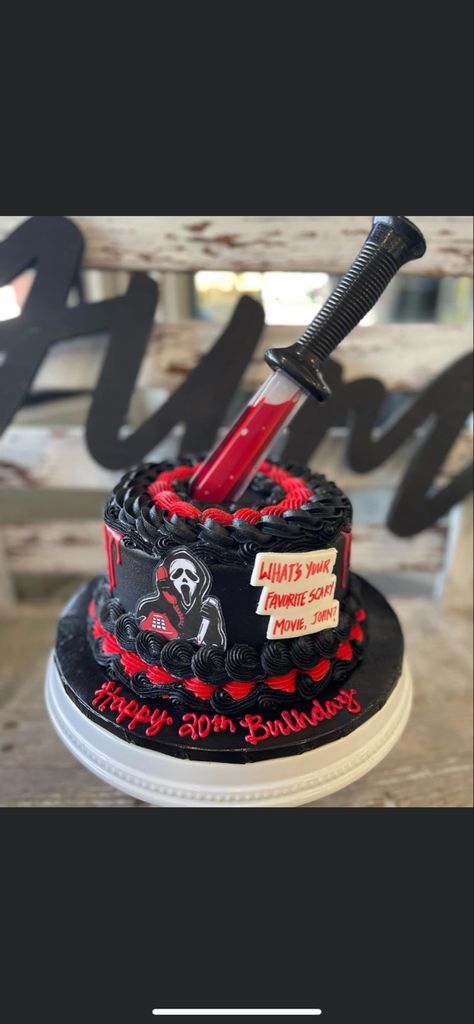 Scream Horror Birthday Cake, Scary Movies Birthday Party, Scream Themed Sweet 16, Slasher Cake Ideas, Horror Themed 30th Birthday Party, Scary Movie Party Food, Halloween 21st Birthday Cake, Spooky Sweet 16 Party Ideas, Scream Movie Birthday Party Ideas