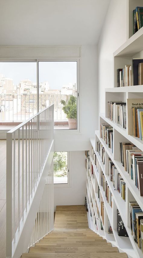 A Seaside Home Near Barcelona Gets a Bright Update With a Top-Level Library - Dwell Staircase Bookshelf, Modern Staircases, Metal Railing, Seaside Home, Staircase Storage, Stone Farmhouse, Home Library Design, Home Stairs Design, Modern Staircase