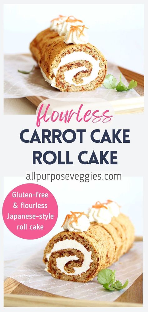 Are you looking for a delicious and show-stopping Easter cake that is soft, light and also just happens to be flourless? This Carrot Swiss Roll Cake is sure to dazzle your family and friends this holiday! With a tangy sweet cream cheese filling, this amazingly tender carrot cake is made with whipped eggs, brown sugar, heavy cream, cornstarch, cinnamon and finely shredded carrots - and absolutely NO flour! #rollcake #swissroll #japaneserollcake #flourless Whipped Eggs, Swiss Roll Cake Recipe, Layered Dessert Recipes, Roll Cake Recipe, Japanese Dessert Recipes, Healthy Cakes, Gluten Free Cake Recipe, Swiss Roll Cake, Japanese Desserts