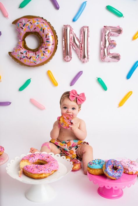 1st Birthday Donut Theme, First Birthday Donut, Donut Themed Birthday Party, Baby Birthday Photoshoot, Muncie Indiana, 1st Birthday Girl Decorations, 1st Birthday Party For Girls, Coconut Girl Aesthetic