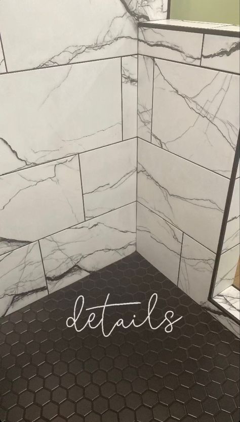 Marble Tile Shower Walls Black Floor, Black Marble Tile Shower Ideas, White Marble Shower Tile Black Floor, Black Tile Floor Shower Ideas, Marble Shower Dark Floor, Black And Grey Shower Tile, Black Hexagon Tile Bathroom Showers, Grey And Black Tile Bathroom, Marble Shower Black Floor