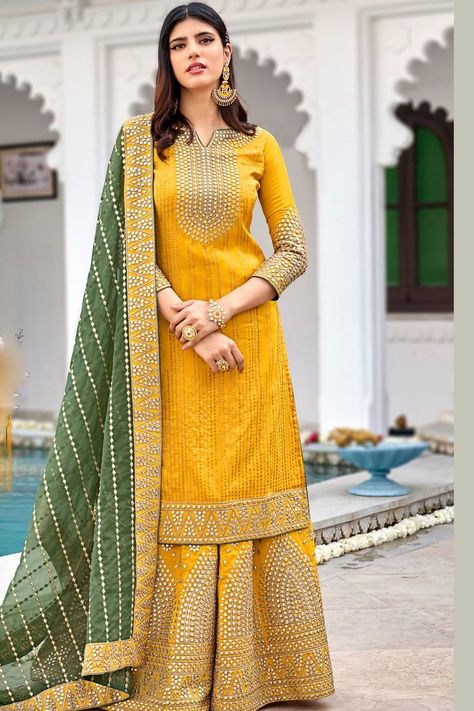 Palazzo suit in yellow faux georgette with embroidery. (1 Top / 1 Bottom / 1 Dupatta) Palazzo Suit, Punjabi Suit, Salwar Kameez, Dress Patterns, Embroidery, Yellow, Green, Fabric, Color