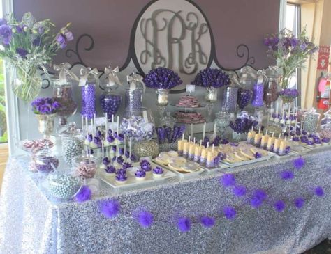 Purple & Gray Dessert Table for bridal shower idea www.MadamPaloozaEmporium.com www.facebook.com/MadamPalooza Purple Candy Buffet, Purple Desserts, Wedding Candy Table, Lila Party, Buffet Dessert, Purple Birthday Party, Purple Bridal Shower, Bar A Bonbon, Buffet Ideas