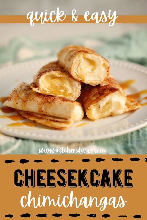 Delicious cheesecake chimichangas stacked atop one another and drizzled with caramel sauce on white plate. Apple Cheesecake Chimichangas, Banana Chimichanga Recipe, Tortilla Cream Cheese Dessert, Fried Cheesecake Roll Ups, Taco Bueno Cheesecake Chimichangas, Tortilla Fruit Wrap, Cream Cheese Burritos, Desert Tortilla Recipe, Cream Cheese And Tortilla Recipes