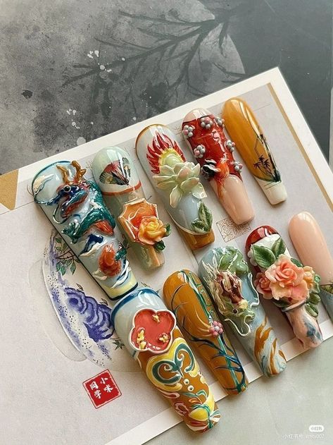 Vietnamese Nail Art, Hmong Nails, Ethereal Nails Acrylic, Year Of The Dragon Nails, Geisha Nails, Chinese Nail Art, Chinese Nails Designs, Lunar New Year Nails, Xiaohongshu Nails