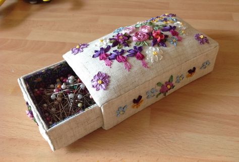 Embroidered Pincushion, Sewing Case, Pin Cushions Patterns, Needle Books, Fabric Boxes, Sewing Baskets, Creative Embroidery, Needle Book, Silk Ribbon Embroidery