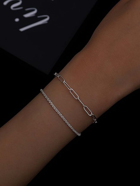 2pcs Heart Charm Bracelet Silver Jewlery, Inexpensive Jewelry, Silver Bracelets For Women, Jewelry Accessories Ideas, Classy Jewelry, Jewelry Lookbook, Fancy Jewelry, Bracelet Argent, Girly Jewelry