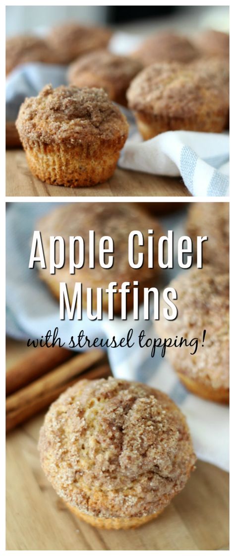 Apple cider muffins with streusel topping are perfect for fall! Made with apple cider and plenty of cinnamon---yum! Cider Muffins, Apple Cider Muffins, Hot Apple Cider Recipe, Streusel Topping Recipe, Muffins With Streusel Topping, Pumpkin Chip, Apple Cider Donuts Baked, Fall Apple Recipes, Apple Cider Recipe