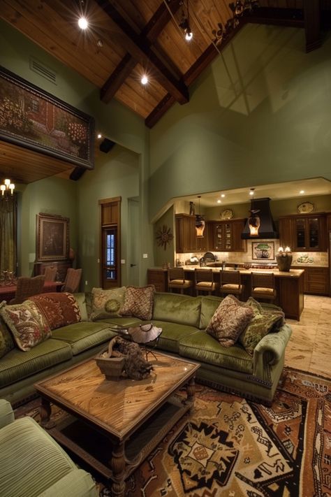 Cozy living room with sage green walls, rustic wooden beams, and richly patterned rugs, embodying sage green living room ideas. Aesthetic Green Living Room, Green Tone Living Room, Dark Sage Green Walls, Sage Green Basement, Decor For Green Walls, Green Basement Ideas, Green And Brown Interior Design, Sage Green Interior Design Living Room, Green Ceiling Living Room